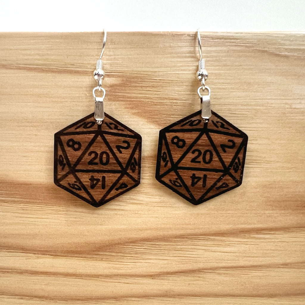 D20 DICE Walnut Earrings Silver S925 clamp style hooks- D & D inspired Walnut Earrings