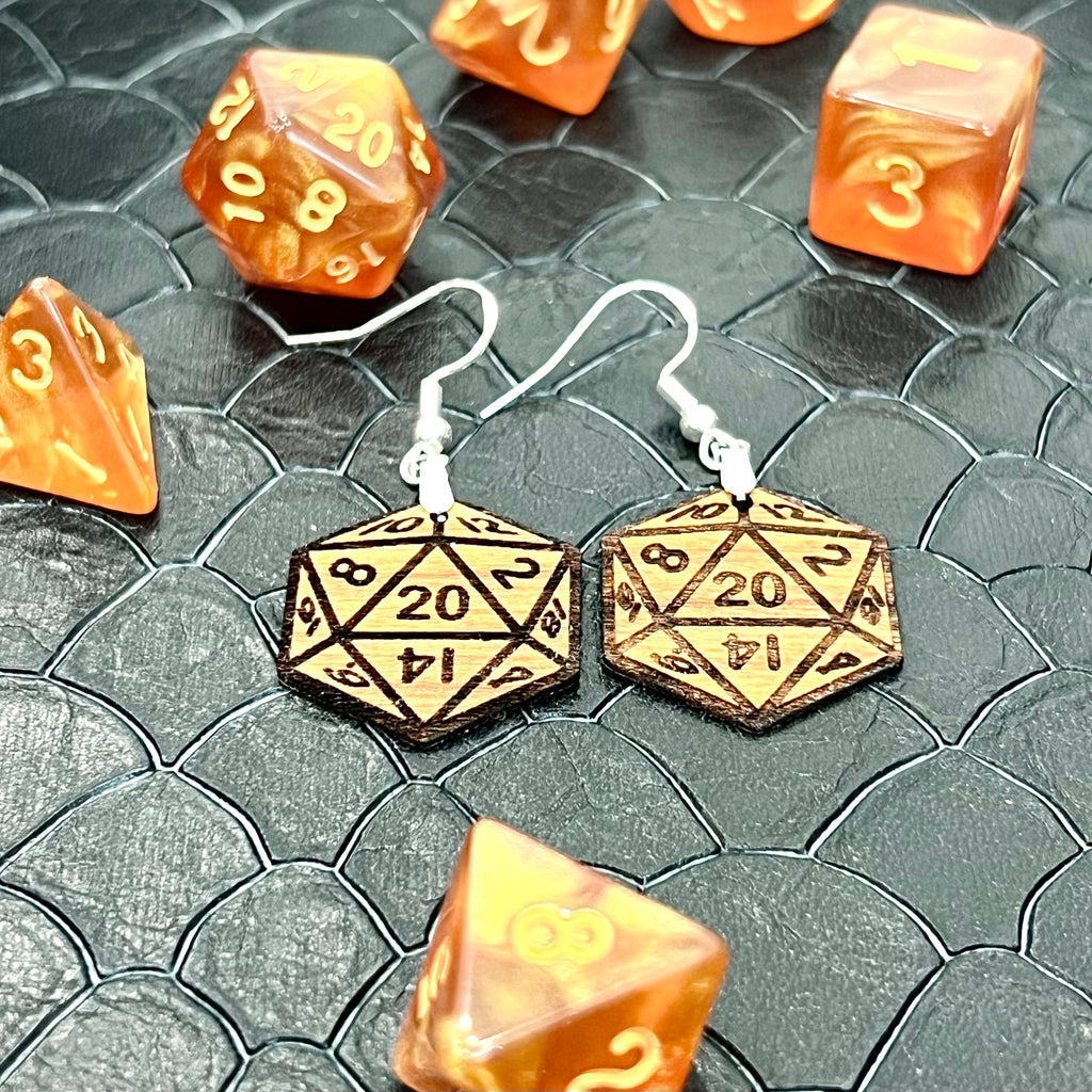 D20 DICE Walnut Earrings Silver S925 clamp style hooks- D & D inspired Walnut Earrings