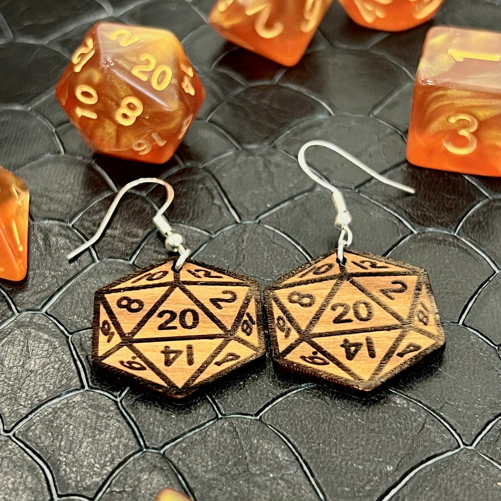 D20 DICE Walnut Earrings Silver S925 clamp style hooks- D & D inspired Walnut Earrings