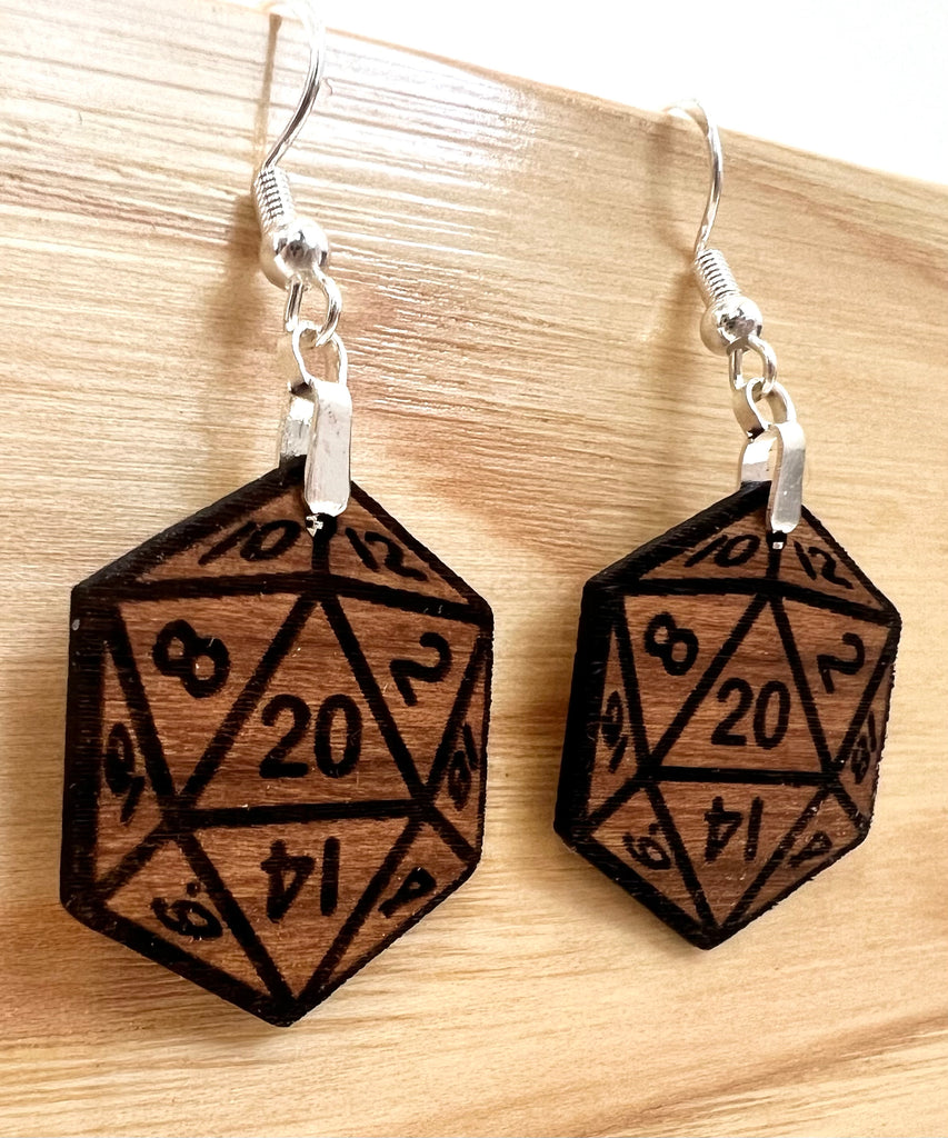 D20 DICE Walnut Earrings Silver S925 clamp style hooks- D & D inspired Walnut Earrings