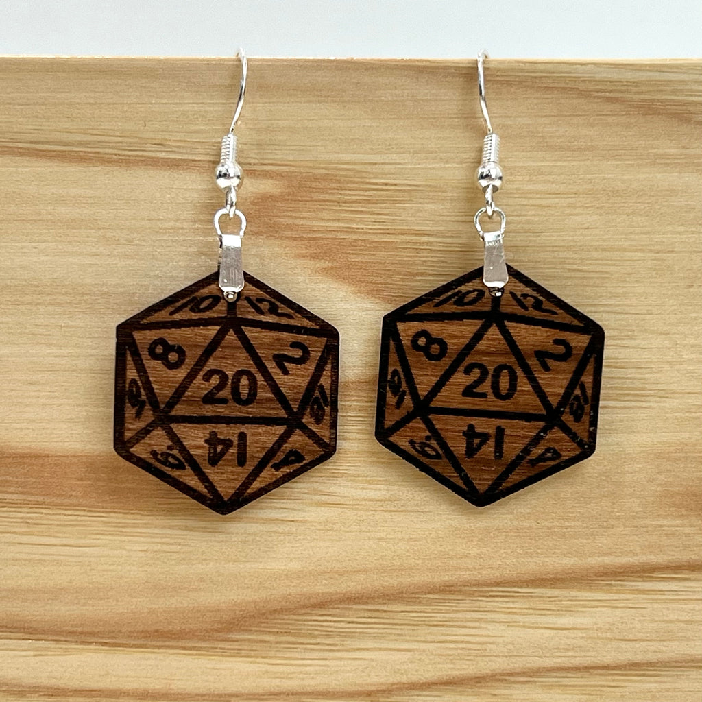 D20 DICE Walnut Earrings Silver S925 clamp style hooks- D & D inspired Walnut Earrings