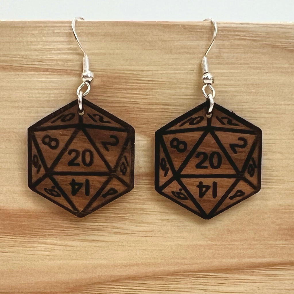 D20 DICE Walnut Earrings Silver S925 clamp style hooks- D & D inspired Walnut Earrings