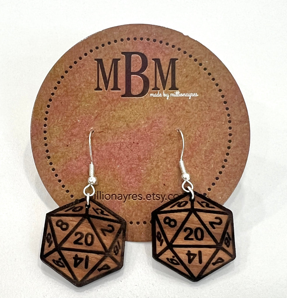 D20 DICE Walnut Earrings Silver S925 clamp style hooks- D & D inspired Walnut Earrings