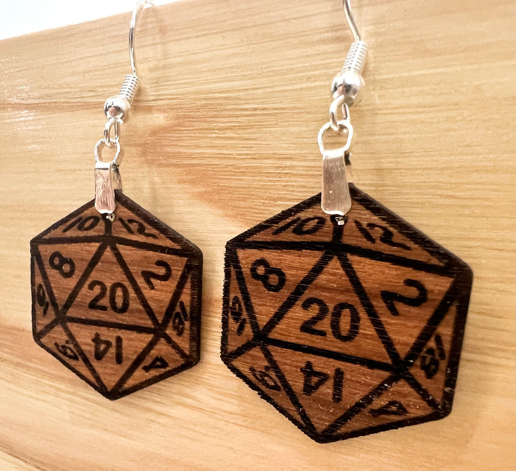 D20 DICE Walnut Earrings Silver S925 clamp style hooks- D & D inspired Walnut Earrings