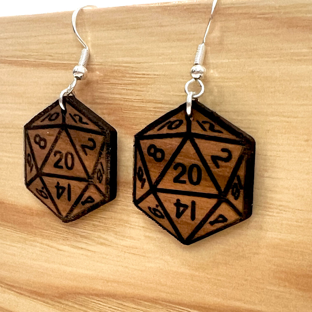 D20 DICE Walnut Earrings Silver S925 clamp style hooks- D & D inspired Walnut Earrings